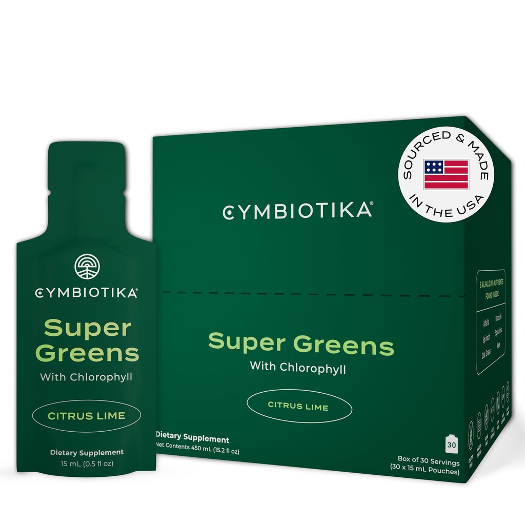 CYMBIOTIKA Super Greens Supplement met Chlorofyl, Spirulina, Dagelijkse Vegan Superfood Packets voor Digestieve Gut Health, Detox, Energie en Immune Support, Citrus Lime Flavor, 15 ml zakjes, 30 Pack