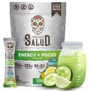 Salud 2-en-1 Poudre de boisson énergisante + Focus, Lime de concombre, Caféine biologique, B6 + B12, Théanine, Paquets de boisson énergisante propre, Agua Fresca Mix, Non-OGM, Sans gluten, Vegan, 1g de sucre, (15 portions)
