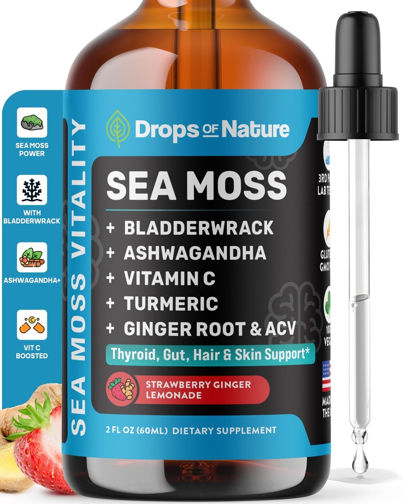 Ashwagandha & Turmeric Liquid Drops - Vitamine C, Sea Moss, Apple Cider Vinegar, Bladerwrack - Vegan Liquid Drops for Comprehensive Wellness Support & Vital Immunity (Strawberry Ginger Limonade, 60ml)