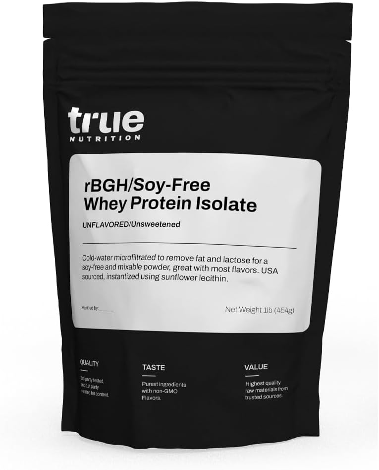 True Nutrition - rBGH/Soy Free Wei Protein Isolaat [Milk] - 100% Grass Fed Wei Proteïne Poeder met essentiële aminozuren - Geen toegevoegde hormonen of antibiotica (Unflavored/unsweeted, 1 lb)