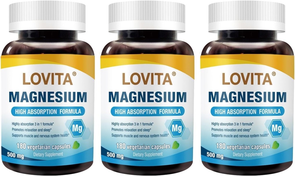 Lovita Triple Magnesium Complex 500mg, Hoge Absorptie en Potentie Formule, Glycinate, Citrate & Oxide, Ondersteuning Slaap, Ontspanning, Hart, Zenuwen & Bone Health, 180 Vegan Capsules (Pack of 3)