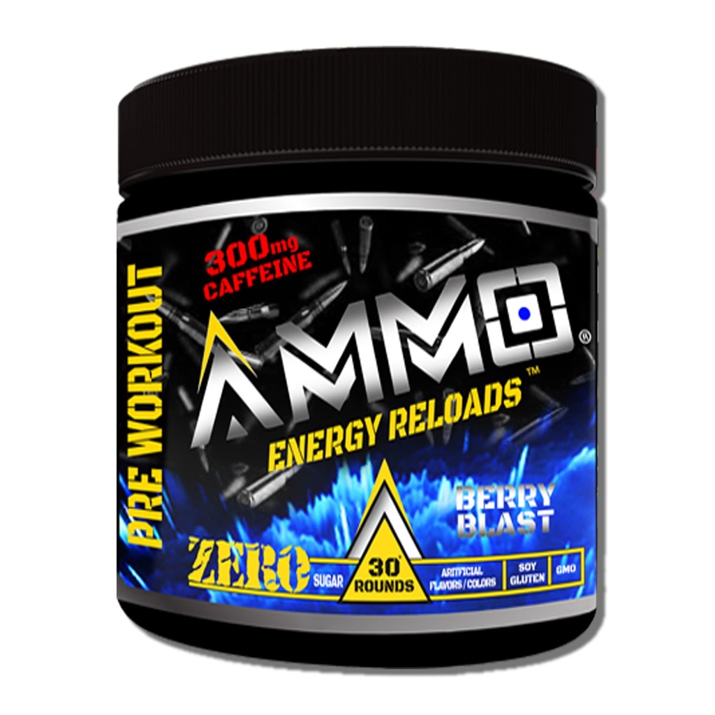 AMMO ® Energy ReloadsTM Pre Workout Powder - 300mg Cafeïne Zero Sugar Vitale Aminos en Elektrolyten Geen kunstmatige smaken of kleuren (Berry Blast)