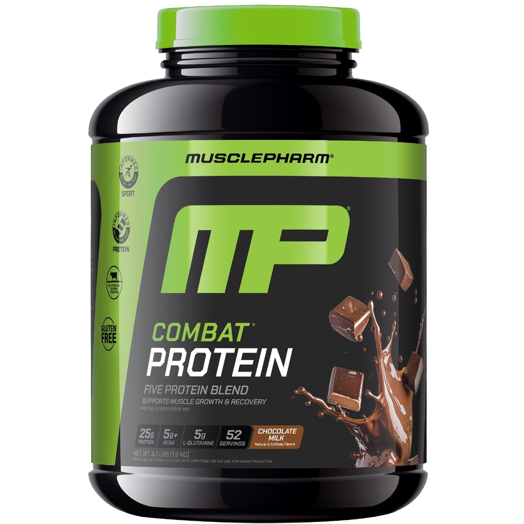 MusclePharm Combat Protein Powder, Chocolate Milk Flavor, Fuels Muscles for Productive Workouts, 5 Protein Sources Included Whey Protein Isolate & Egg Albumin, Gluten Free, 4.2 lb, 52 Servers