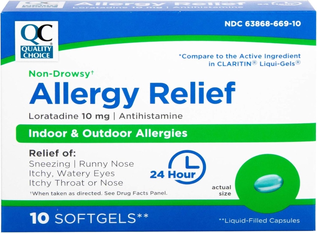 Quality Choice Allergie Relief, 24 uur Non Drowsy Allergie Relief for Indoor & Outdoor Allergies, Antihistaminica Loratadine 10 mg, Liquid Filled Softgels, 10 Tellen