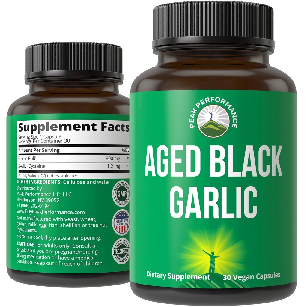 Peak Performance Aged Black Garlic Capsules. Raw Vegan Pure Odorless Extract Supplement Pills for Cholesterol, and Immune Support. from Garlic Bulb with S-Allyl Cysteine and Antioxidants