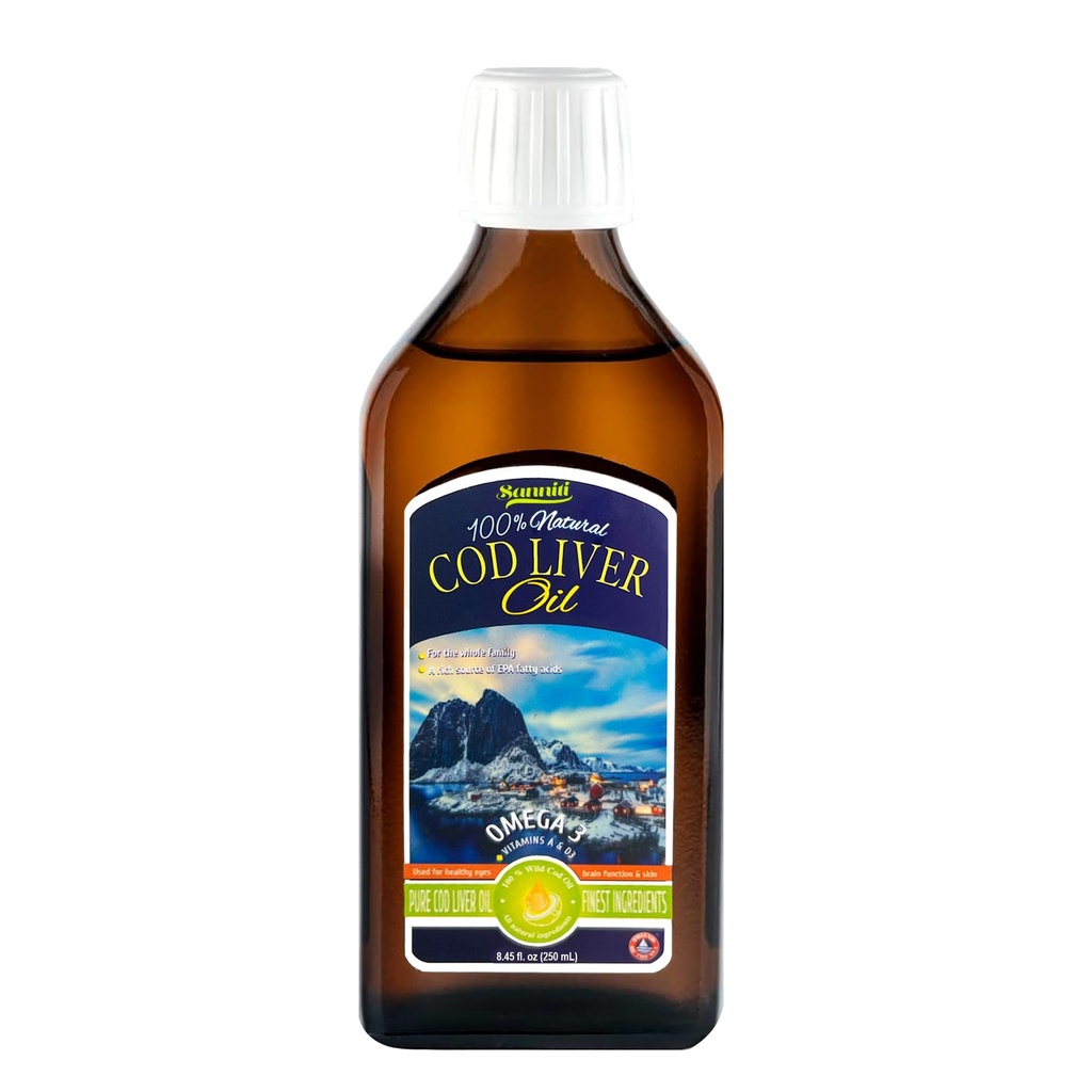 Sanniti 100% natuurlijke kabeljauw Leverolie, 1081 mg Totaal Omega-3 vetzuren, Wild Caught Nordic, 250 ml (8.4 oz) (Unflavored)