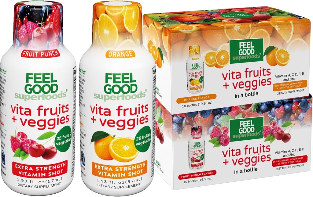 FeelGood Superfoods Vita Fruit en Veggies Immune Support Shot Supplementen, 25 biologische vruchten en groenten, klaar om te drinken Immunity Booster, 10 Oranje en 10 Fruit Punch Flavor, Combo Pack van 20