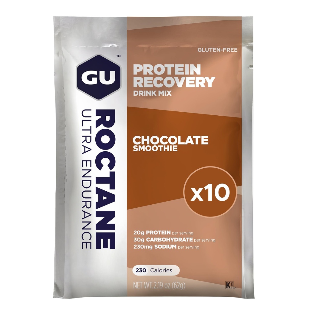 GU Energy Roctane Ultra Endurance Recovery Protein Drink Mix, sans gluten et laiterie casher, Recovery Support Après toute séance d'entraînement, 10 packets à un seul usage, Smoothie au chocolat