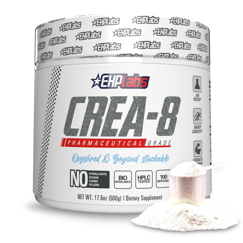 EHP Labs CREA-8 Micronized Creatine Monohydraat Poeder - Unflavored Creatine Powder for Muscle Growth, Increased Strength, Enhanced Energy Output and Improved Performance - 100 Servers (500g)
