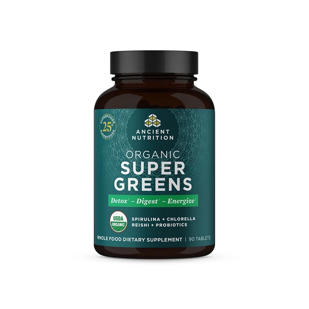 Ancient Nutrition Super Greens met Probiotica, Biologische Superfood Tablets Gemaakt van Spirulina, Chlorella, Moringa, en een Resilient Probiotic, 30 Servings, 90 Tellen