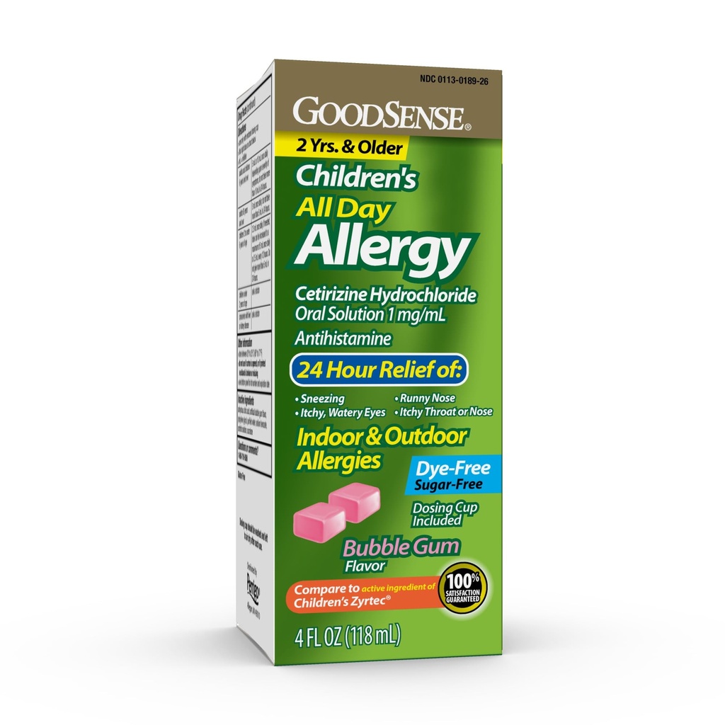 GoodSense Kinder Alle Dag Allergie Relief, Cetirizine Hydrodide Oral Solution 1 mg/ml, Bubble Gum Flavor, Dye Free, Sugar Free, 4 Fluid Ounce