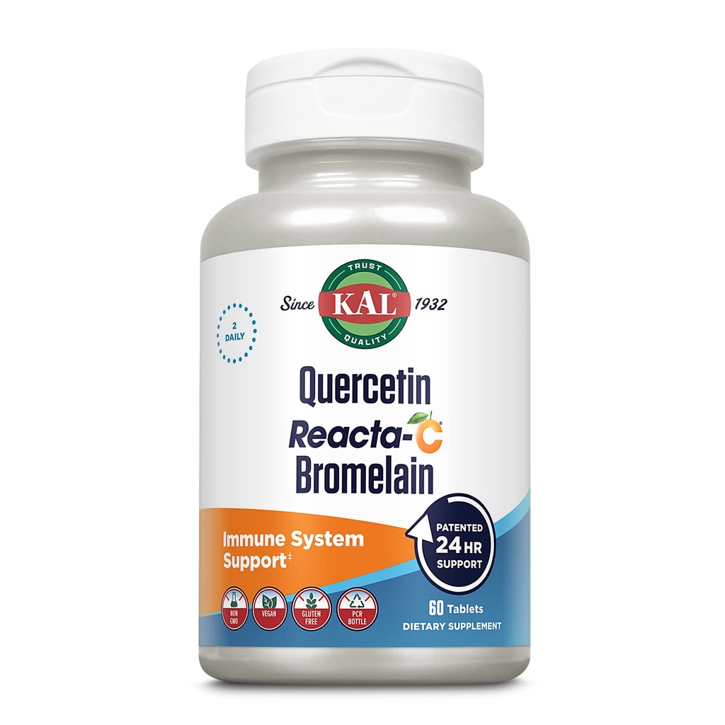 KAL Quercetin Reacta-C Bromelain Immune Supplément de soutien, 24 heures de défense immunitaire avec bioflavonoïdes, vitamine C 1000mg et quercétine 500mg, végétalien, sans gluten, garantie de 60 jours, 30 portions, 60 comprimés