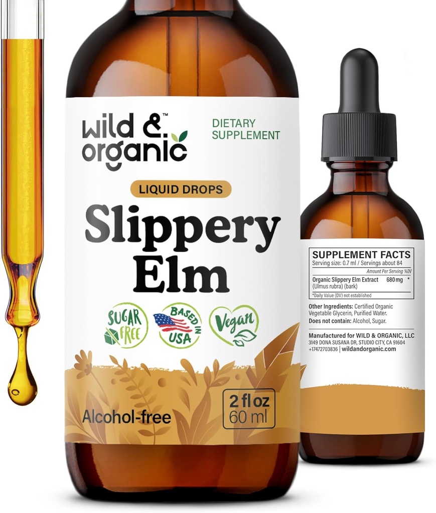 Wild & Organic Slippery Elm Drops - Lung, Digestief & Women's Support - Slippery Elm Bark Tinctuur - Liquid Ulmus Rubra Extract Supplement - Vegan, Sugar & Alcohol-Free - 2 fl oz