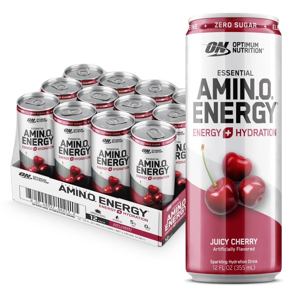 Optimale voeding Amino Energie Sparkling Hydration Drink, Elektrolyten, Cafeïne, Aminozuren, BCAA's, Suikervrij, Sappige Cherry, 12 Fl Oz, 12 Pack (Verpakking mei Vary)