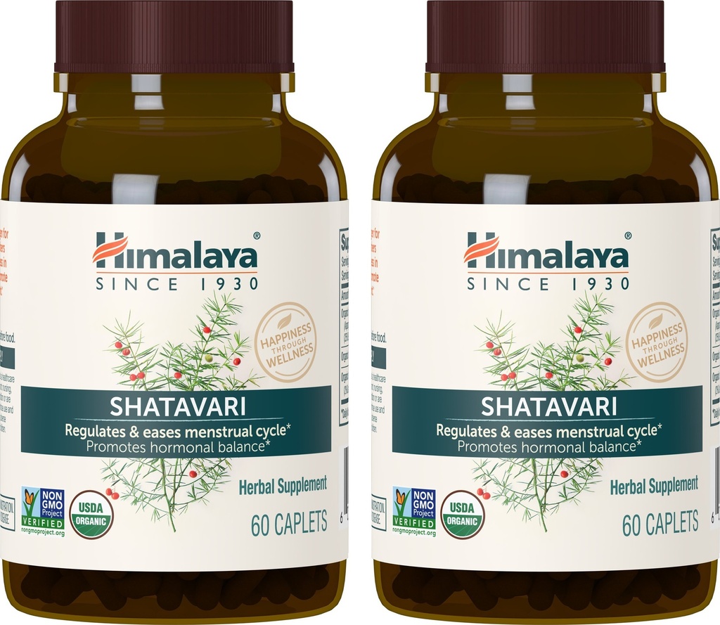 Himalaya Organische Shatavari voor PMS, Menstrueel Krampreliëf, Menopauze Support, en Vrouwen Gezondheid, 1.300 mg, 60 Caplets, 2 maand levering, 2 Pack