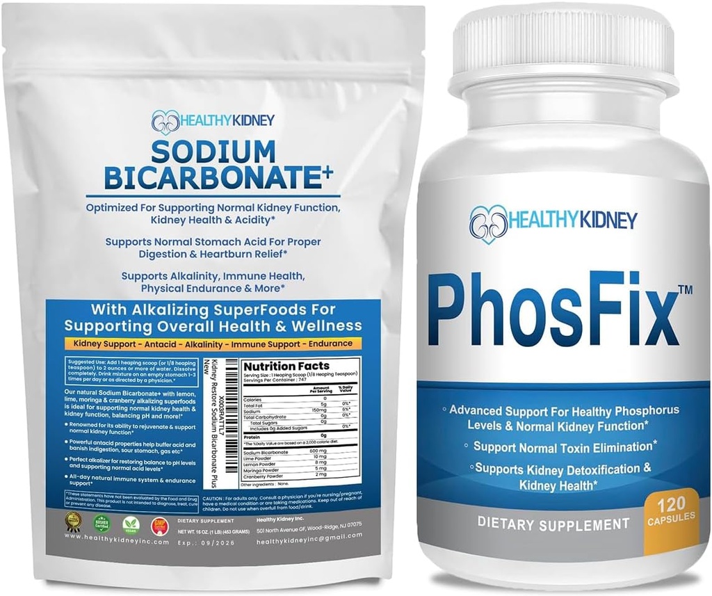 Biologische natriumbicarbonaat alkaline supplement bundel: 1LB poeder voor alkaliniteit, nieren & zuur ondersteuning + PhosFix 120 pillen fosforbinder voor gezonde fosforniveaus & niergezondheid niernier Suppor