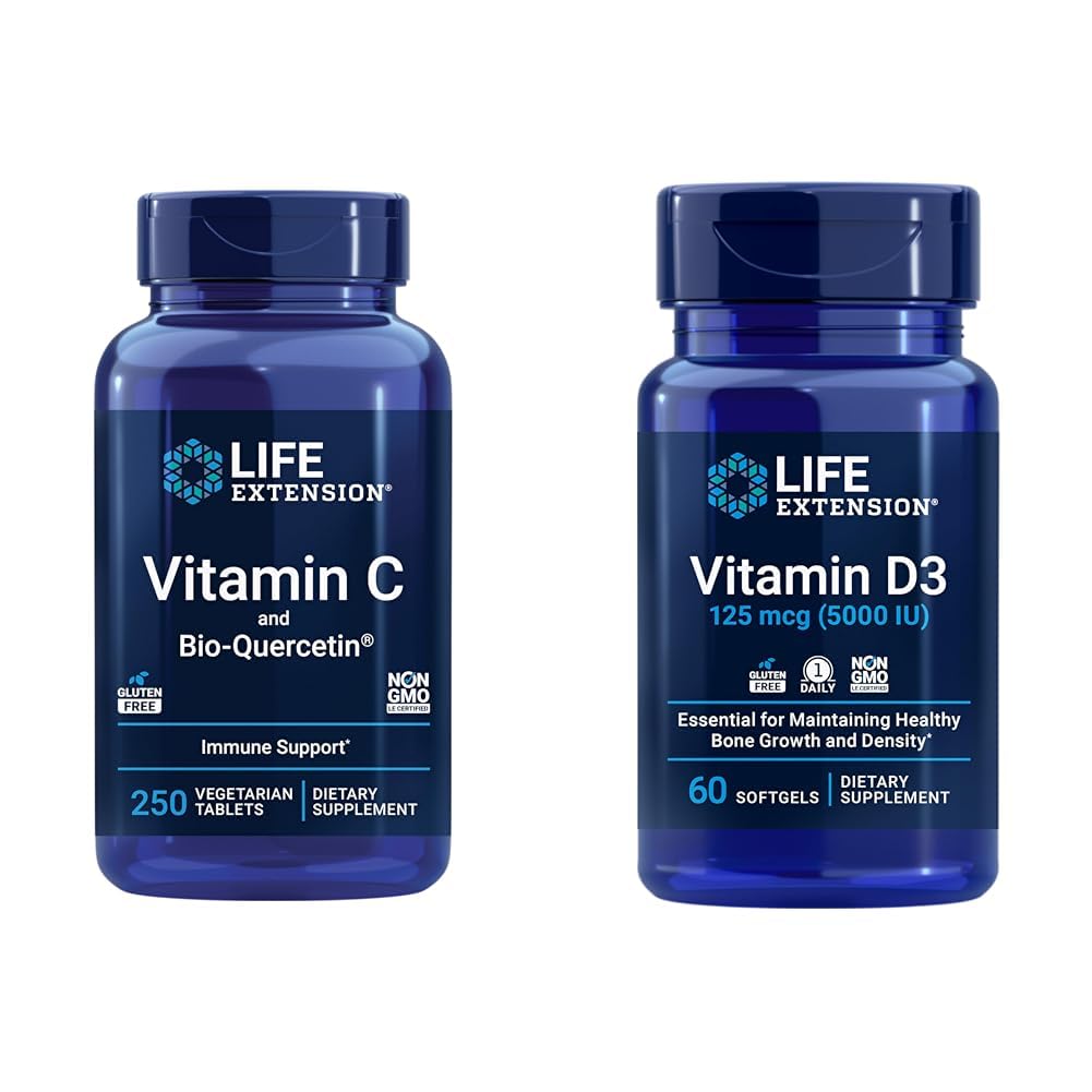 Levensverlenging Vitamine C & Quercetine Plus Vitamine D3 5000 IE - 250 tabletten Vitamine C Immune Support Plus 60 vitamine D3 Softgels voor bot, hersenen en immuungezondheid