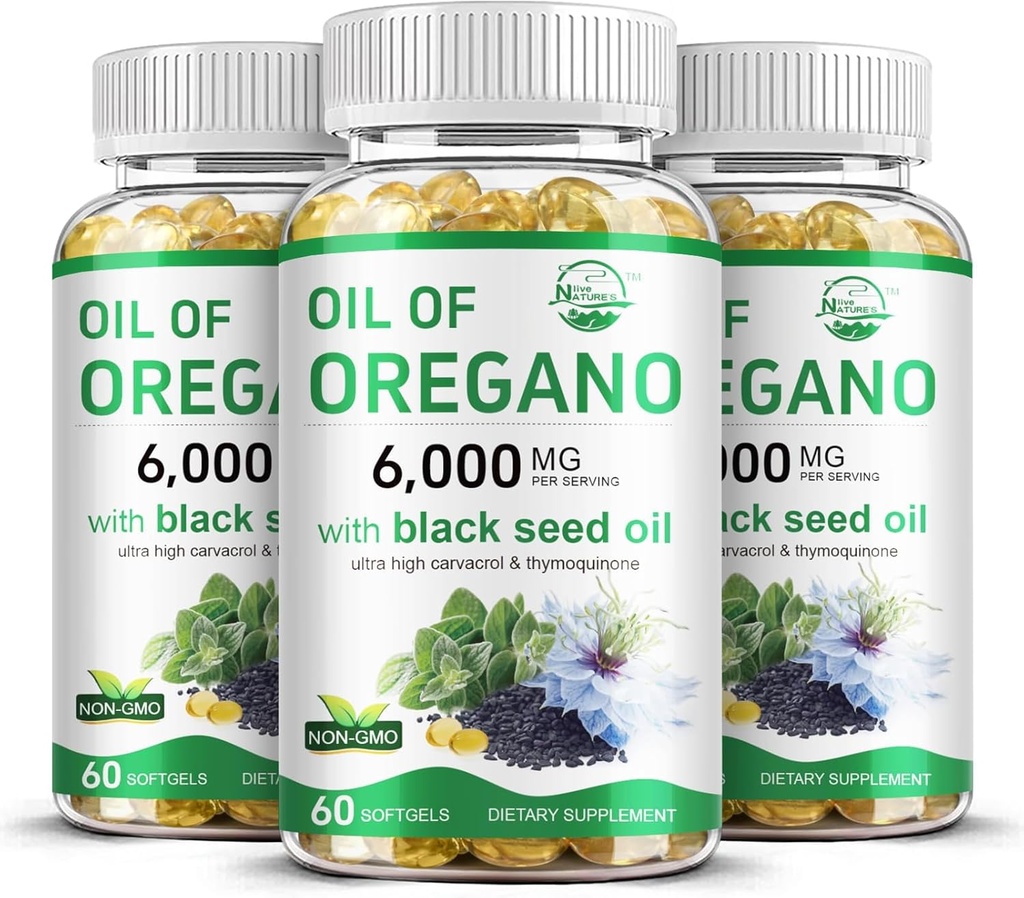 Live Oil of Oregano with Black Seed Oil, 2 in 1 Oregano Supplement for Immune Health, Reains High Concentrated Carvacrol & Thymochinon, Non-GMO, 3 Pack