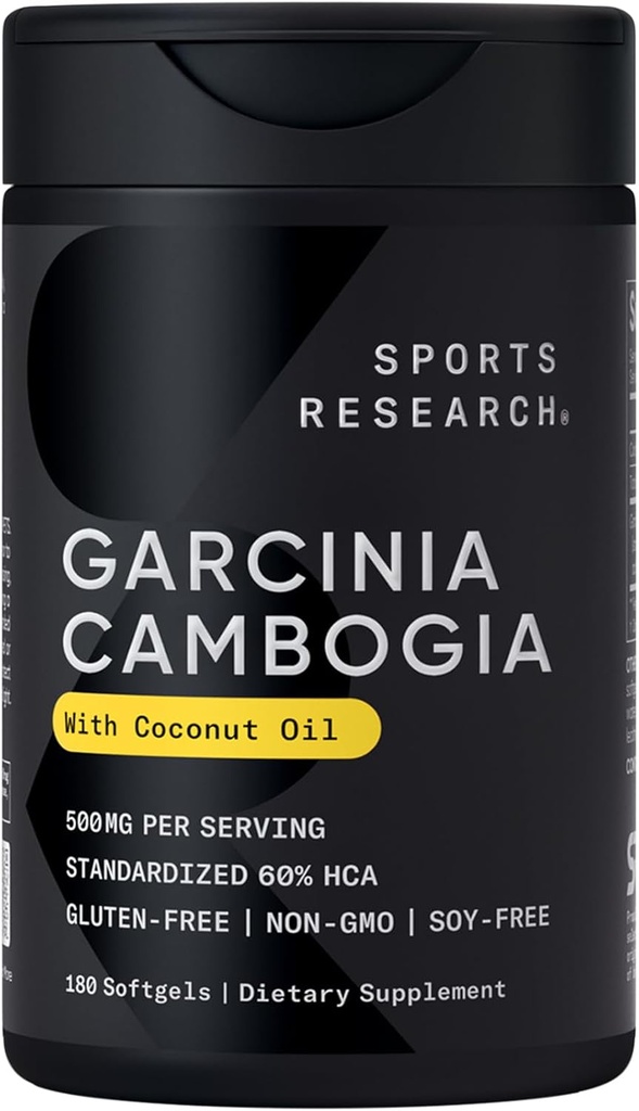 Sportonderzoek Garcinia Cambogia Extract (60% HCA) met extra maagdelijke biologische kokosolie, niet-GMO, soja en glutenvrij (180 vloeibare softgels)