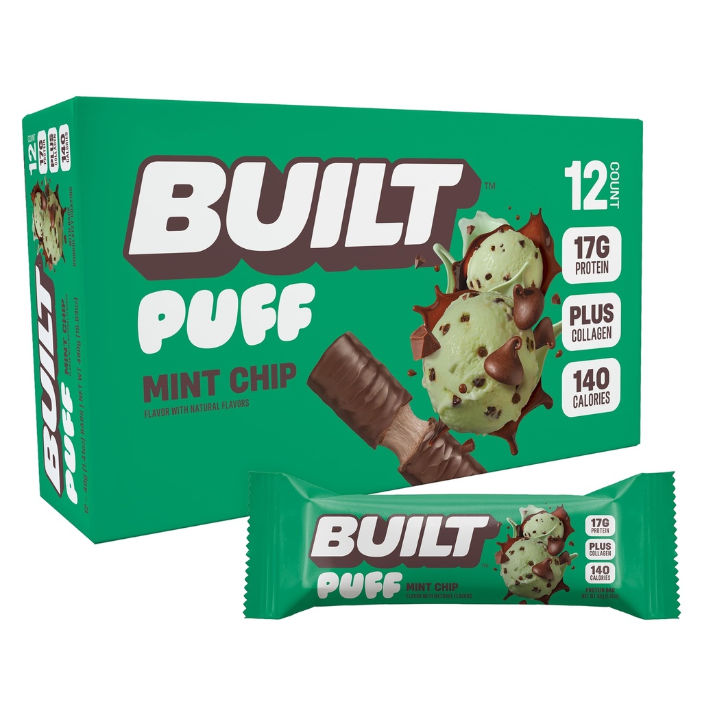Built Bar, Puff Protein Bars, Mint Chip Puff, 17g Proteine Snacks, On-The-Go Bars, Slechts 140 Calorieën, 6g Suiker, Collageen, Glutenvrij, 12 Tellen