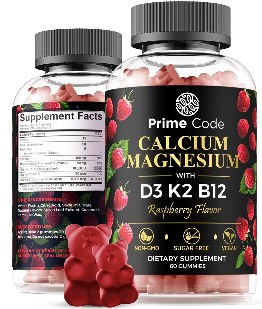 [ 5 en 1] Gommies de calcium pour les femmes et les hommes avec la vitamine de magnésium B12 Vitamine K2 & Vitamine D3.