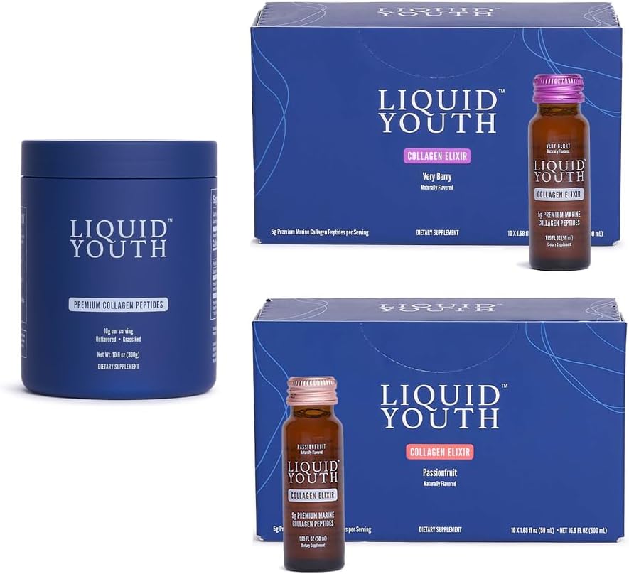 Collageen Peptides Powder & Liquid Collageen Elixir Shots for Women & Men - Type I & III Premium Grass-fed Bovine & Marine Collageen - Bevordert haargroei, huid, nagel, bot & Joint Health (50 porties)