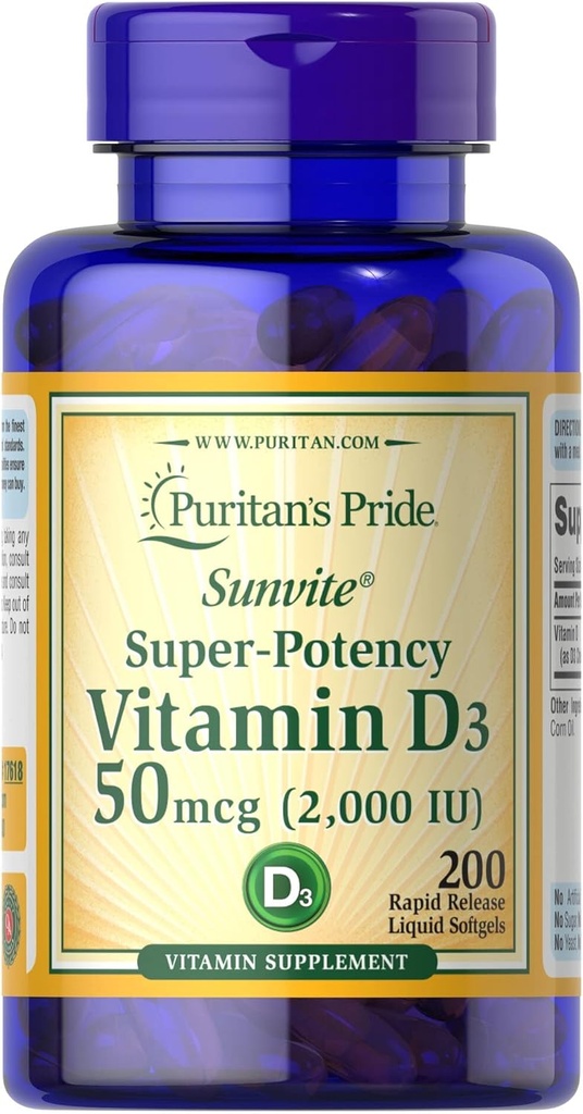 Vitamine D3 50mcg (2.000 IE) Bolsters Immune Health by Puritan's Pride for Support of Immune Health and Healthy Bones and Teeth 200 Softgels