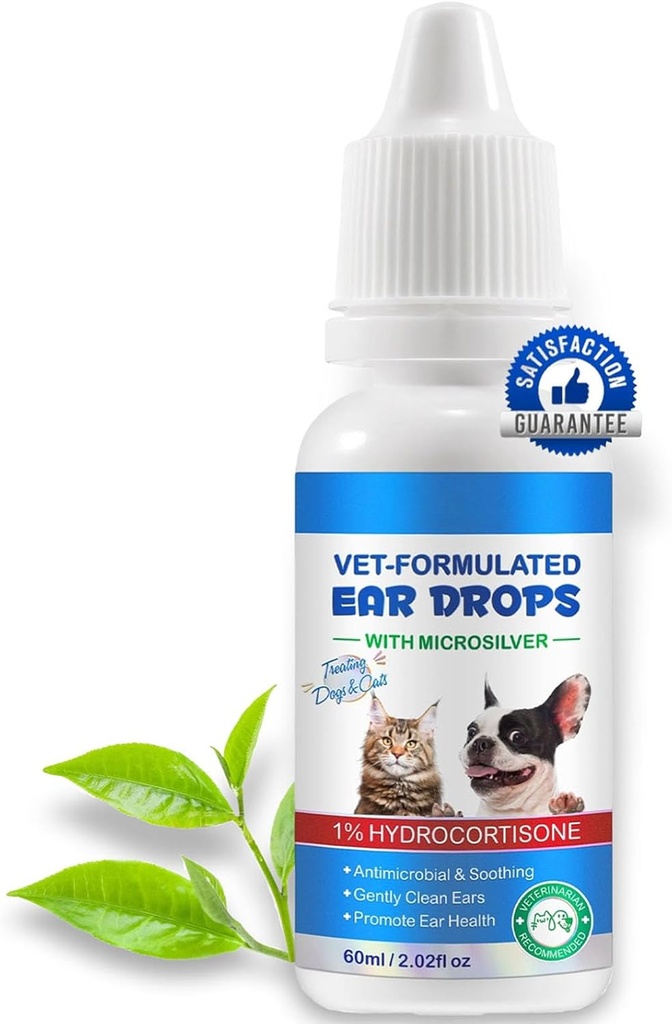 Drops d'oreille pour les chats et chiens-Dog Ear Infection Médicaments-Acar Mites Traitement-Dog Levure Nettoyage apaisant avec 1% Hydrocortisone-Clean Pet Earwax-Mild et Effective-60ml