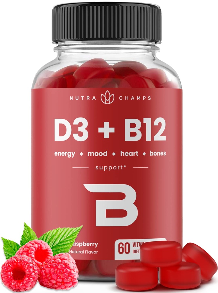 NutraChamps Vitamine D3 & B12, Méthyl B12 Gummies pour les adultes et les enfants, Enhanced with Vitamine D 3 & B9 Vitamine Folate, Énergie naturelle, Mood, Métabolisme & Focus, Framboise, 60 Gummies