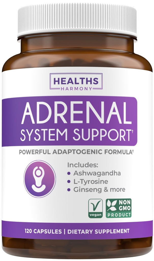 Soutien adrénal et gestionnaire de cortisol (non-OGM) Puissante santé adrénale avec L-Tyrosine et Ashwagandha - Maintenir des niveaux équilibrés de cortisol et de soulagement du stress - Supplément de fatigue - 120 capsules