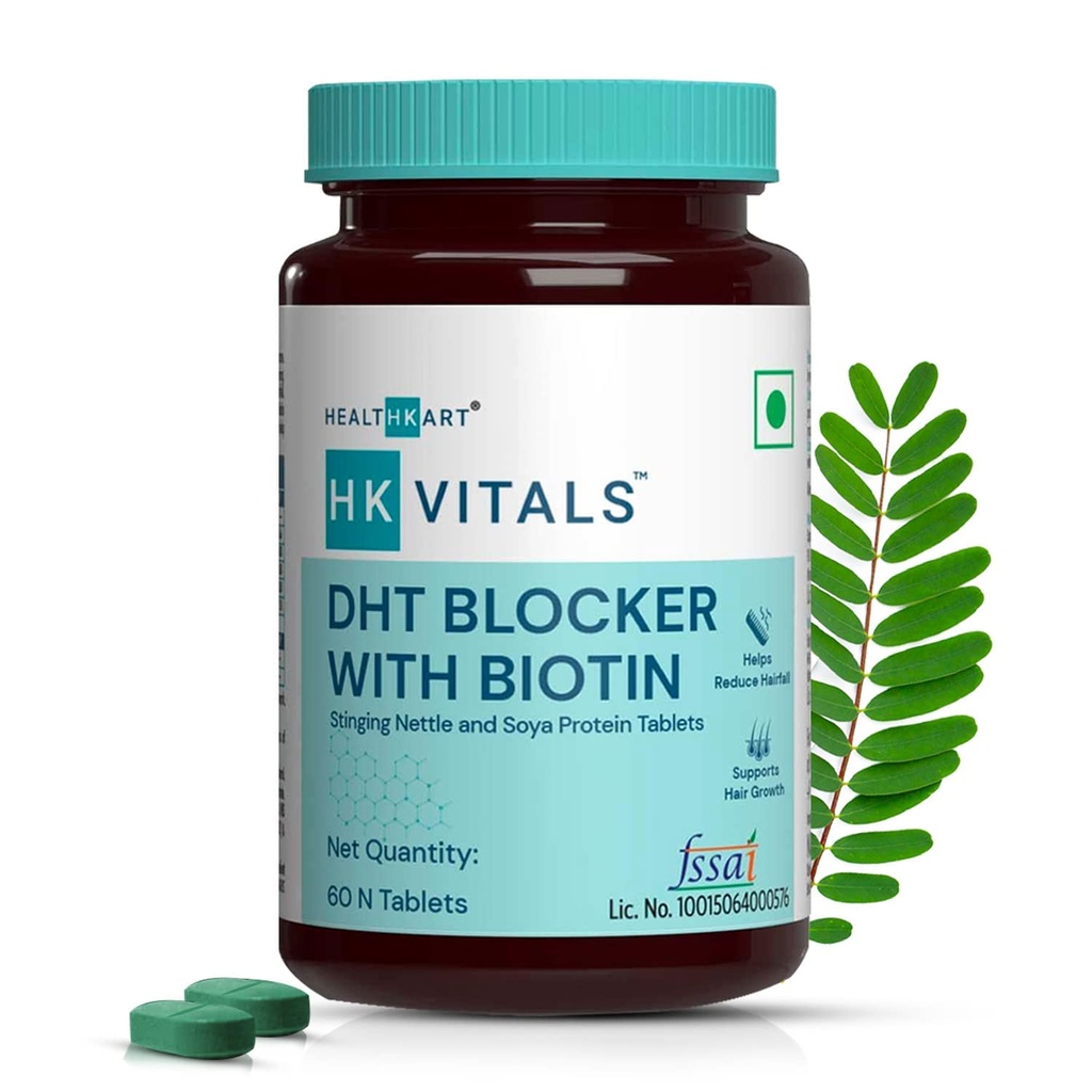 HK Vitals DHT Blocker met Biotine, Stinging Nettle en SOYA Proteïne, helpt haarval te verminderen, stimuleert haargroei, 60 tabletten