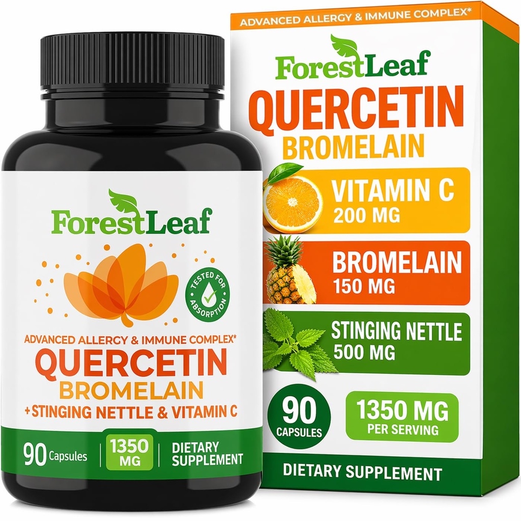 ForestLeaf Quercetin met Bromelain 1350mg - Blend with Vitamin C & Stinging Nettle Supplement, Quercetin 500mg Capsules, Non-GMO Glutenvrij, Natuurlijke Immune & Respiratory Functie, 90 Veggie Caps