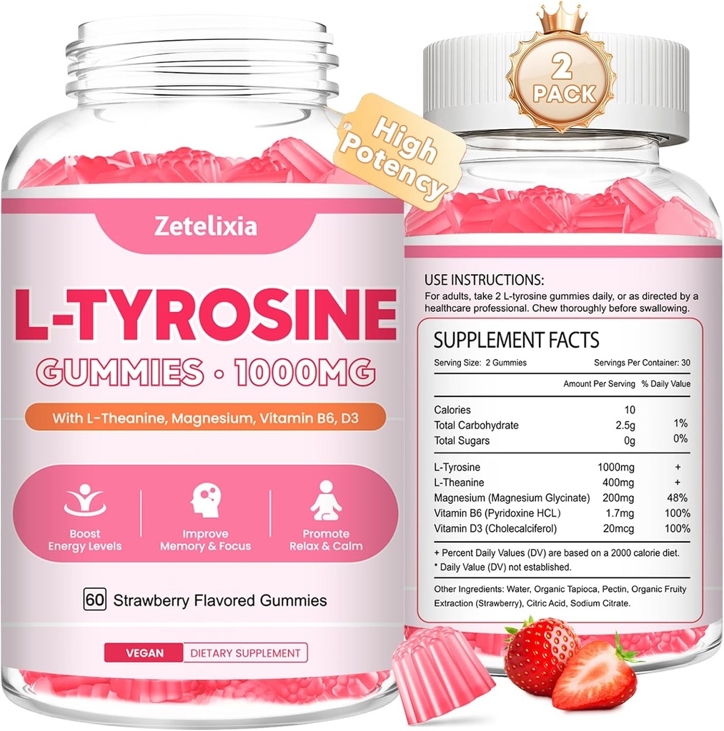 2 Pack L Tyrosine Gummies, L-Tyrosine Supplement Gummies, L-Theanine Gummies met Vitamine B6 D3, Focus Gummies Ondersteuning Geheugen, Energie, Mood voor volwassenen & kinderen, Aardbei smaak, 120 Tellen