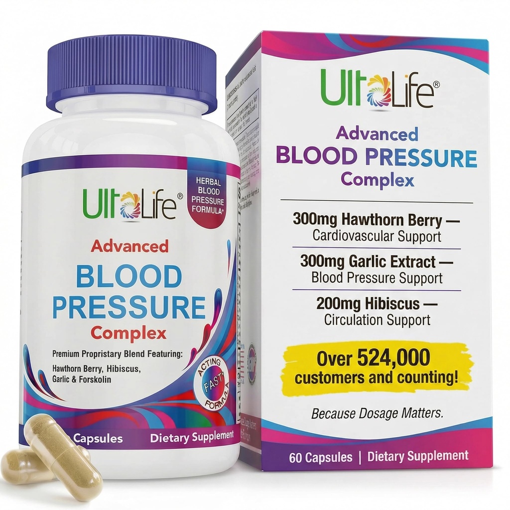 ULTALIFE Suppléments de pression artérielle - Complexe avancé de supplément de pression artérielle - Hawthorn Berry, Hibiscus, Ail, Forskolin - 14 Vitamines et herbes, 30 jours d'approvisionnement en capsules de Veggie