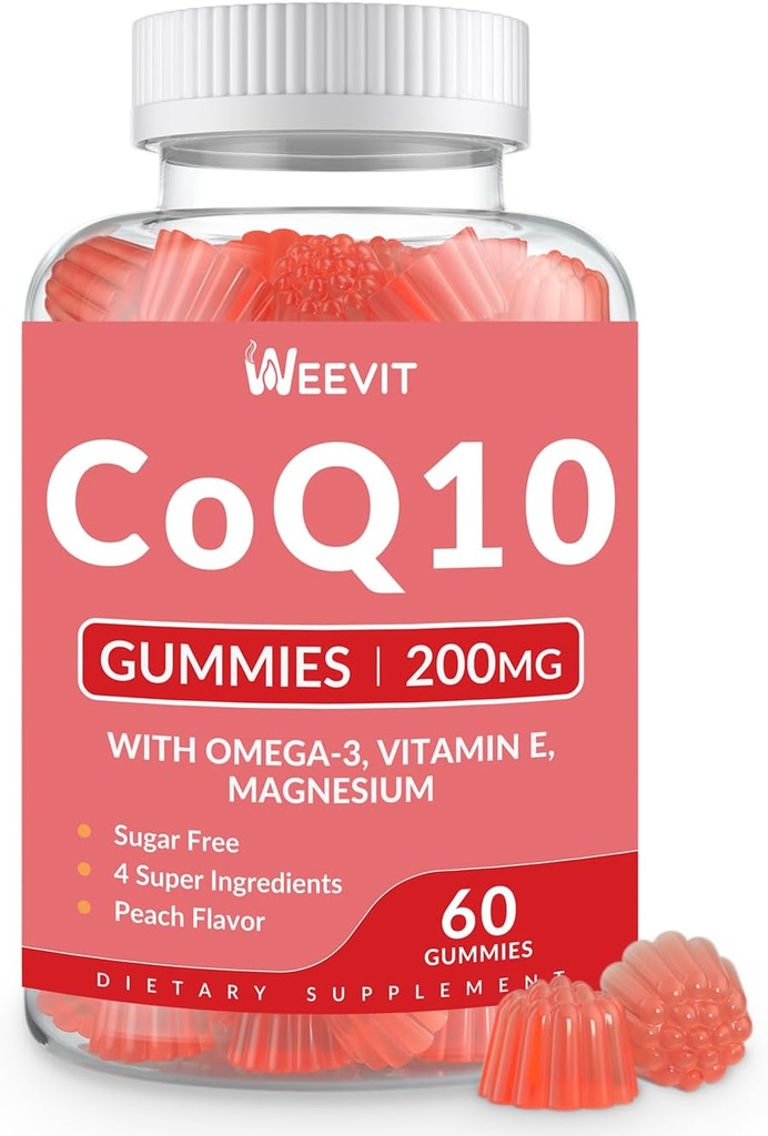 Suikervrij CoQ10 Gummies 200mg, Coenzym Q10 w/Omega-3, Vitamine E voor Volwassenen, Co Q10 Supplement voor Antioxidant, Energie, Hersenondersteuning
