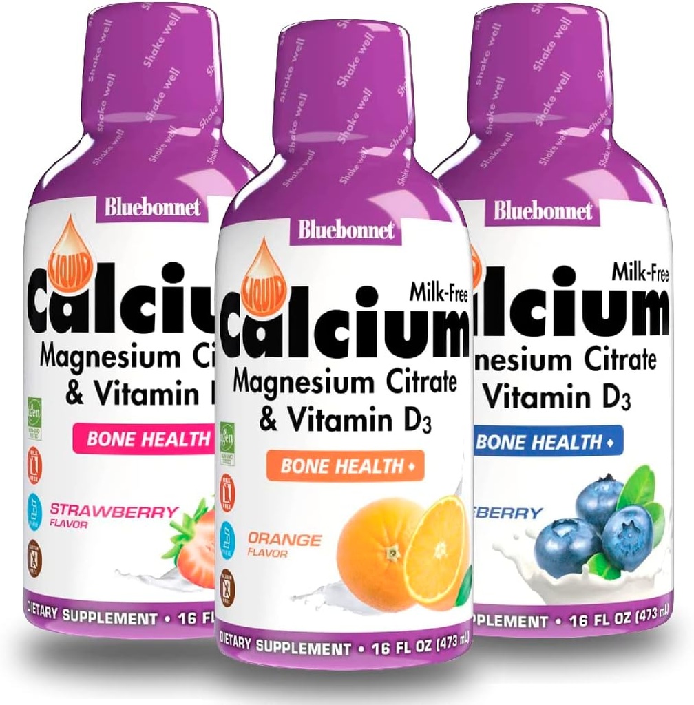 Bluebonnet Liquid Calcium citraat Magnesium citraat, vitamine D3- bundel van oranje, bosbessen en aardbeien smaak, 3 fles van 16 Fl Oz Elke (48 Fl Oz Totaal)