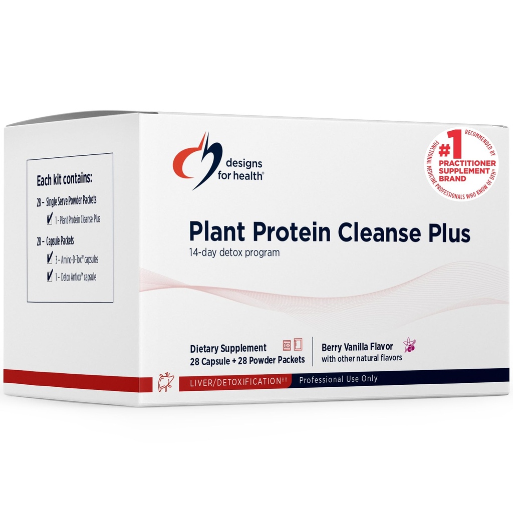 Designs for Health Plant Protein Cleanse Plus Programme de désintoxication de 14 jours - Promotion de la fonction saine du foie + Nettoyage métabolique avec des antioxydants + herbes, végétarien (28 boissons en poudre de protéines + emballages de vitamines)