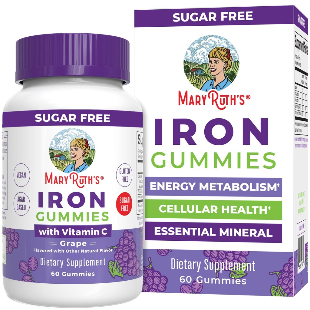 MaryRuth Organics Gommies de Fer pour 14+ avec de la vitamine C pour l'absorption de sucre Sans sucre Supplément de Fer Gummy + VIT C.T. Métabolisme énergétique