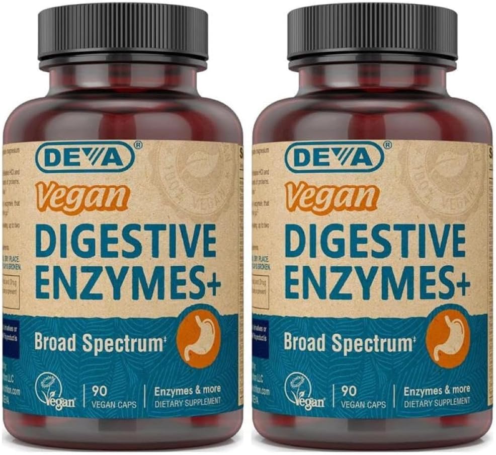 Deva Vegan Vitaminen Digestieve Enzymen Plus Supplement - Een uniek mengsel van enzymen en kruiden - 90 Capsules (verpakking 2) Pakket mei Vary