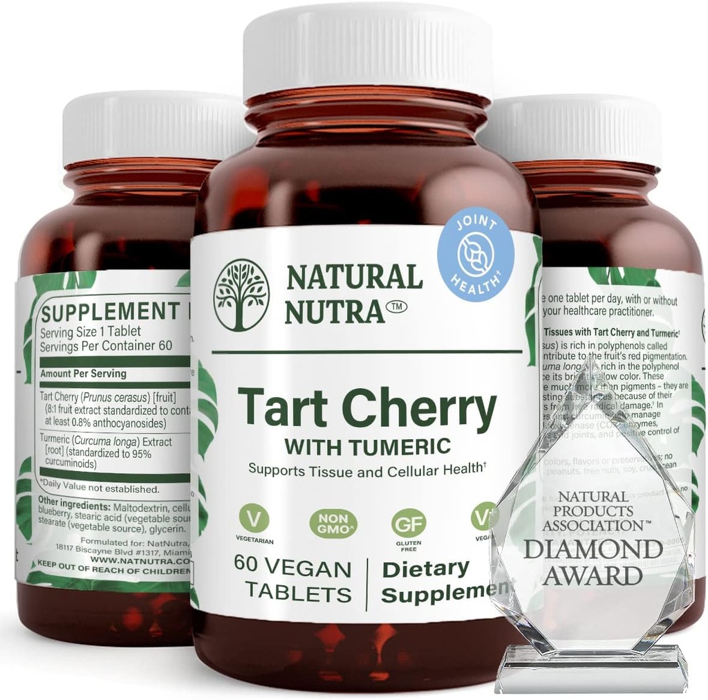 Extrait naturel de cerise Nutra Tart avec curcumine curcuma, aide à réduire la douleur musculaire, soutient le système immunitaire, favorise la santé conjointe, améliore la qualité du sommeil, végétalien, végétarien, sans gluten, 60 comprimés