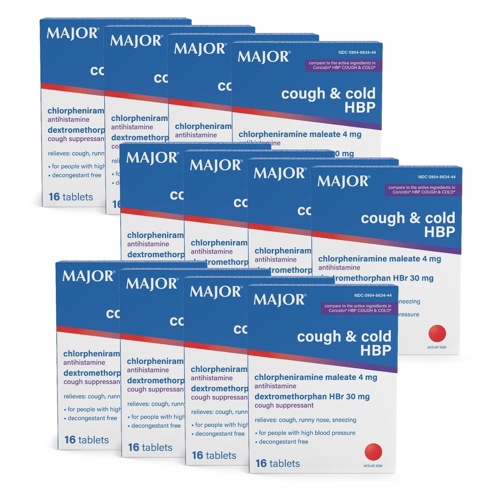 MAJOR Hoesten en koude HBP tabletten - Antihistamine en hoest Suppressant voor mensen met hoge bloeddruk - Dextromethorfan HBr, Chlorpheniramine Maleaat - 16 Tel (12 Verpakking)