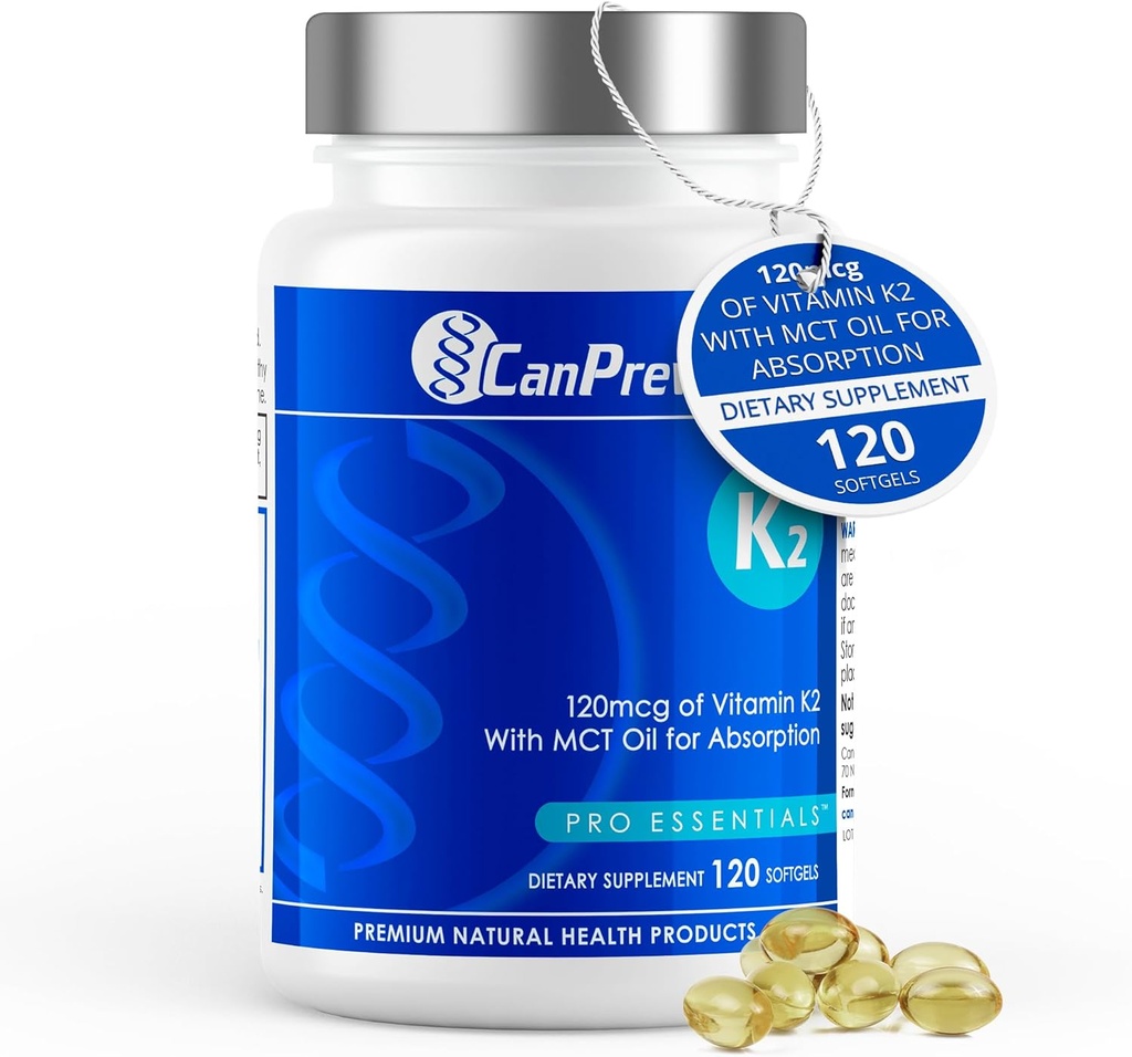 CanPrev K2 120mcg met biologische kokosolie, 120 Softgels 120-Day Supply - verbeterde absorptie voor optimale bot- en tandenondersteuning, hoge potentie vitamine K2 voor het behoud van sterke botten en tanden