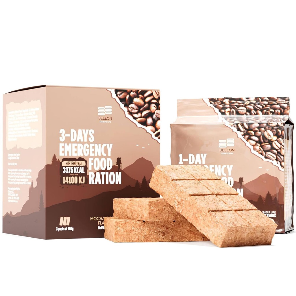 Emergency Food Supply 3-days 72 hours Coffee Mocha Biscuit Bars MRE Meals Military 2024 Survival Kit - 20 Years Shelf Life Camping Hiking Supplies