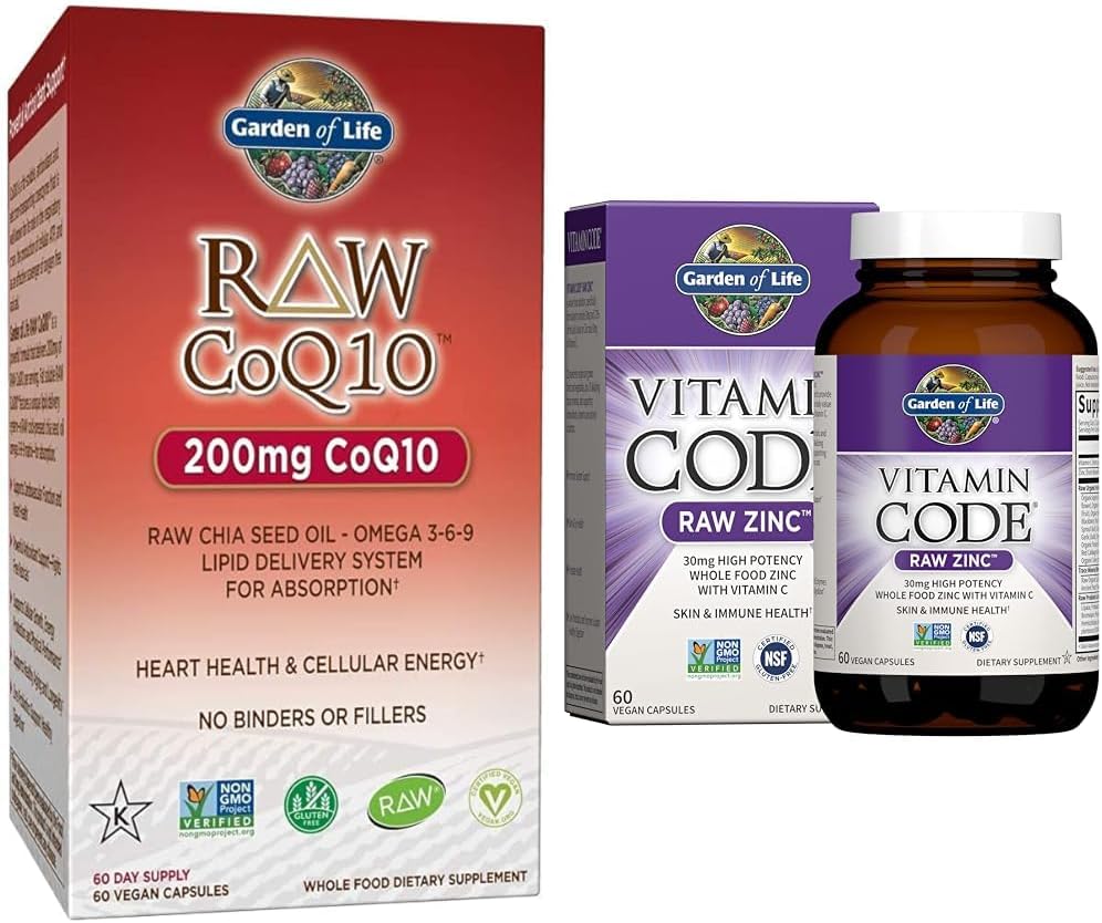 Jardin de la vie Omega végétarien 3 6 9 Supplément - Huile de graines de chia brute CoQ10 Compléments alimentaires entiers Nutrition et zinc 30mg Zinc brut à haute puissance et supplément multiminéral vitamine C