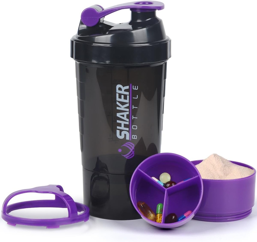 Proteïne Shaker Bottle,16 oz Shake Cup voor eiwitpoeder met opslag,Sport Waterfles,Non Slip 3 Laag Twist Off 3oz Cups met pil Tray Leak Proof Shake Flessen voor eiwitmixen