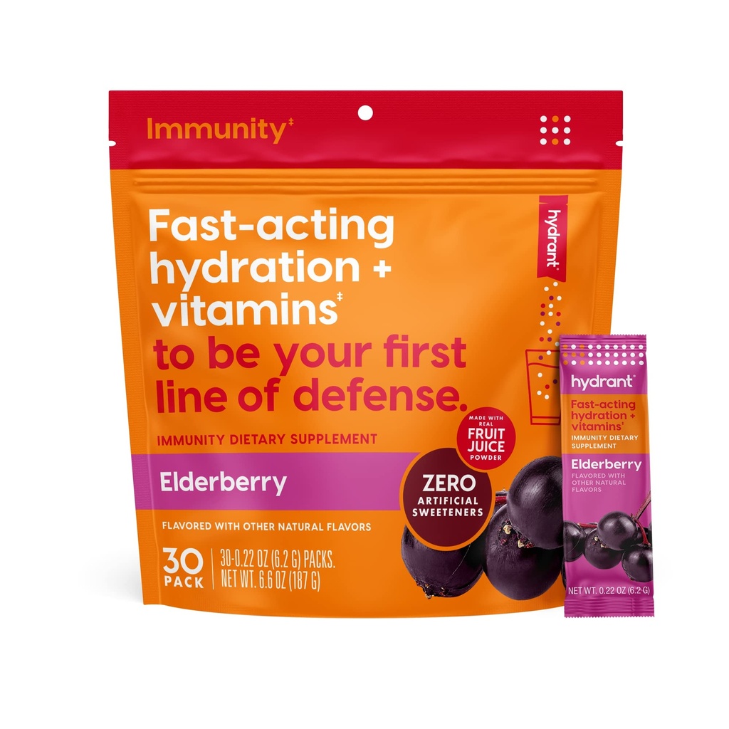 Hydratant - Immuniteit Electrolyte Poeder, Vlierbessen smaak, 30 Instant Rehydratatie Stick Packs - Electroyte Blend met vitamine C, vitamine D en zink voor Immune Ondersteuning