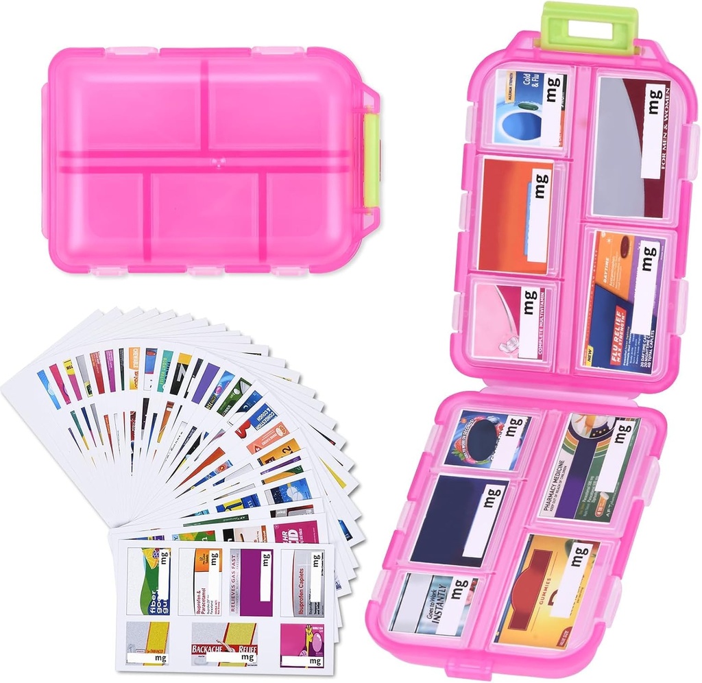 1 Pack 10 GRIDS Travel Pill Organizer Box met 189 labels - Travel Medicine Case Kit - Pocket Daily Pharmacy Container - Travel Medication Holder Dispenser voor Visolie Vitamine Supplement Opslag