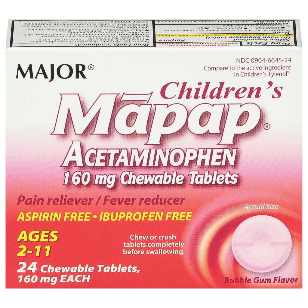 MAJOR Enfants Mapap Acétaminophène 160 mg Comprimés à croquer - Réducteur de la douleur/réducteur de la fièvre - Aspirine libre - Ibuprofène libre - pour les âges 2 à 11-24 Nombre (1 paquet)