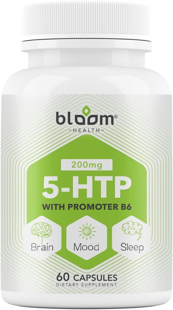 5 HTP 200mg Supplement, Vitamine B6 Natuurlijke Slaap, Concentratie, Mood Enhancer- 4 in 1 Formula Vegan Gluten, Tarwe, Lactose, Sojavrije Capsules - 60 Tellen