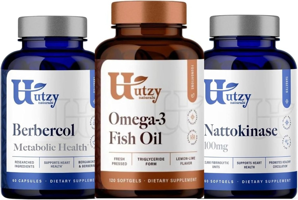 Utzy Naturals Berbercol 500mg Citrus Bergamot (als Bergamonte) & Berberine, Nattokinase 100mg + Omega 3 Visolie